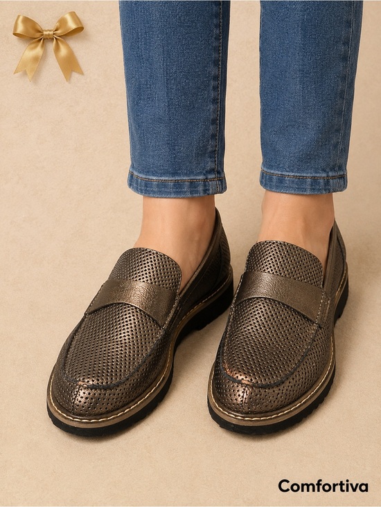 Comfortiva align Shoes - Comfortiva Align Metallic Pewter Perforated Leather Loafers Comfort Shoes 8.5-9